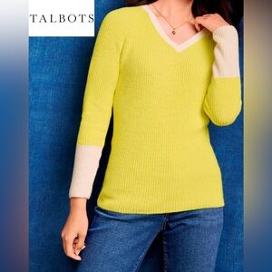 TALBOTS V-Neck Knit Sweater | Color: Yellow and White Pullover | Size: M